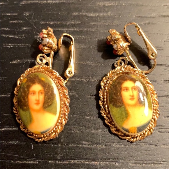 Gold Tone Victorian Style Portrait Clip Earrings - Picture 7 of 9